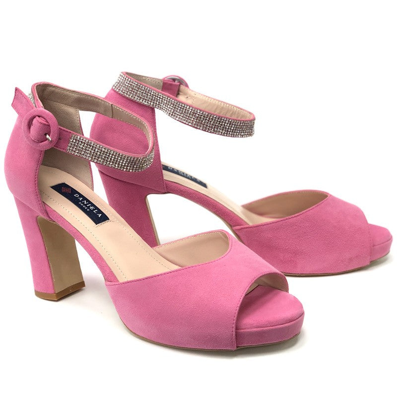 Daniela Shoes rozā zamšādas sandales ar kristāliem. Lieli izmēri